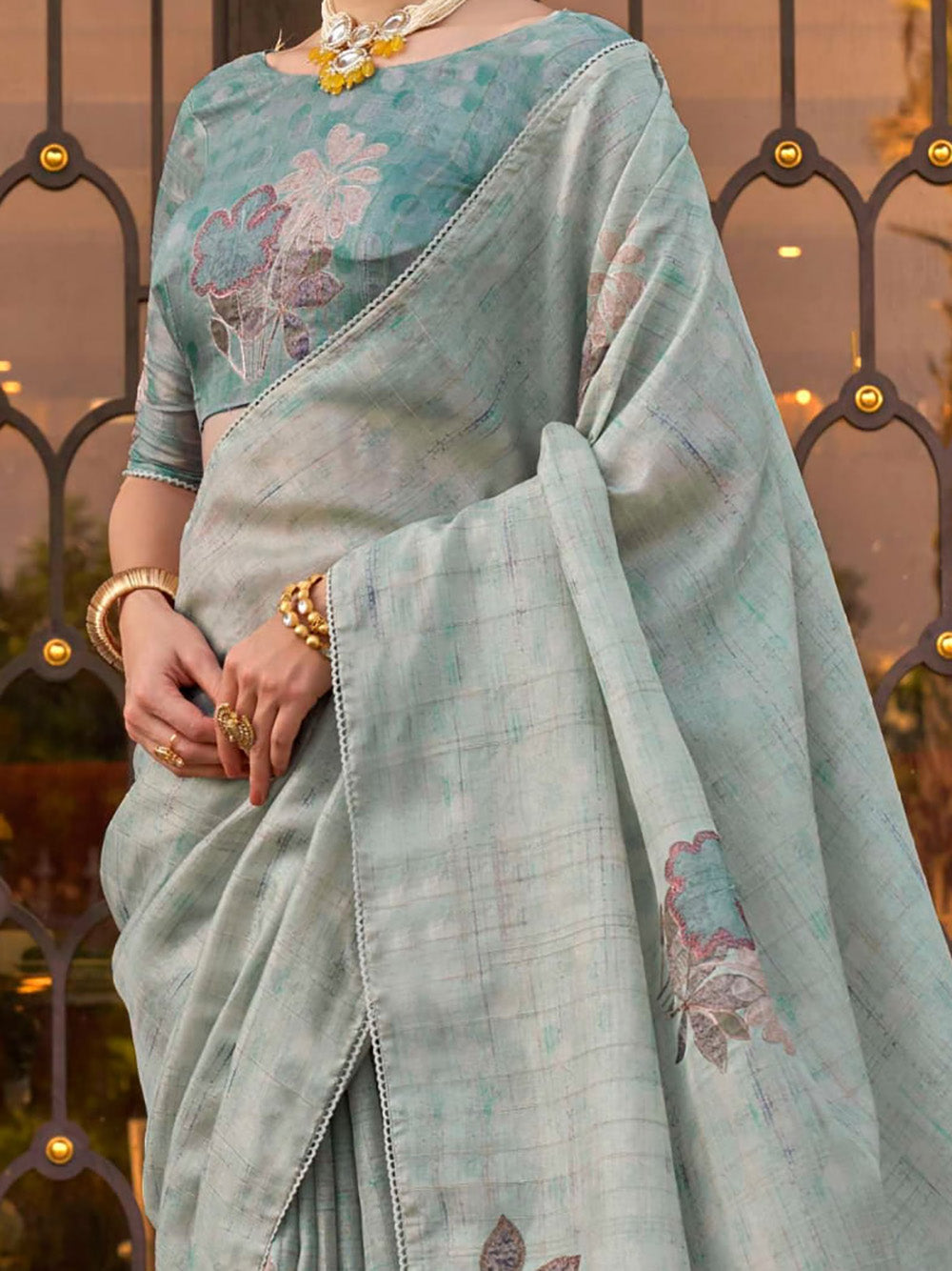 Gorgeous Sky Blue Printed Silk Event Wear Saree With Blouse