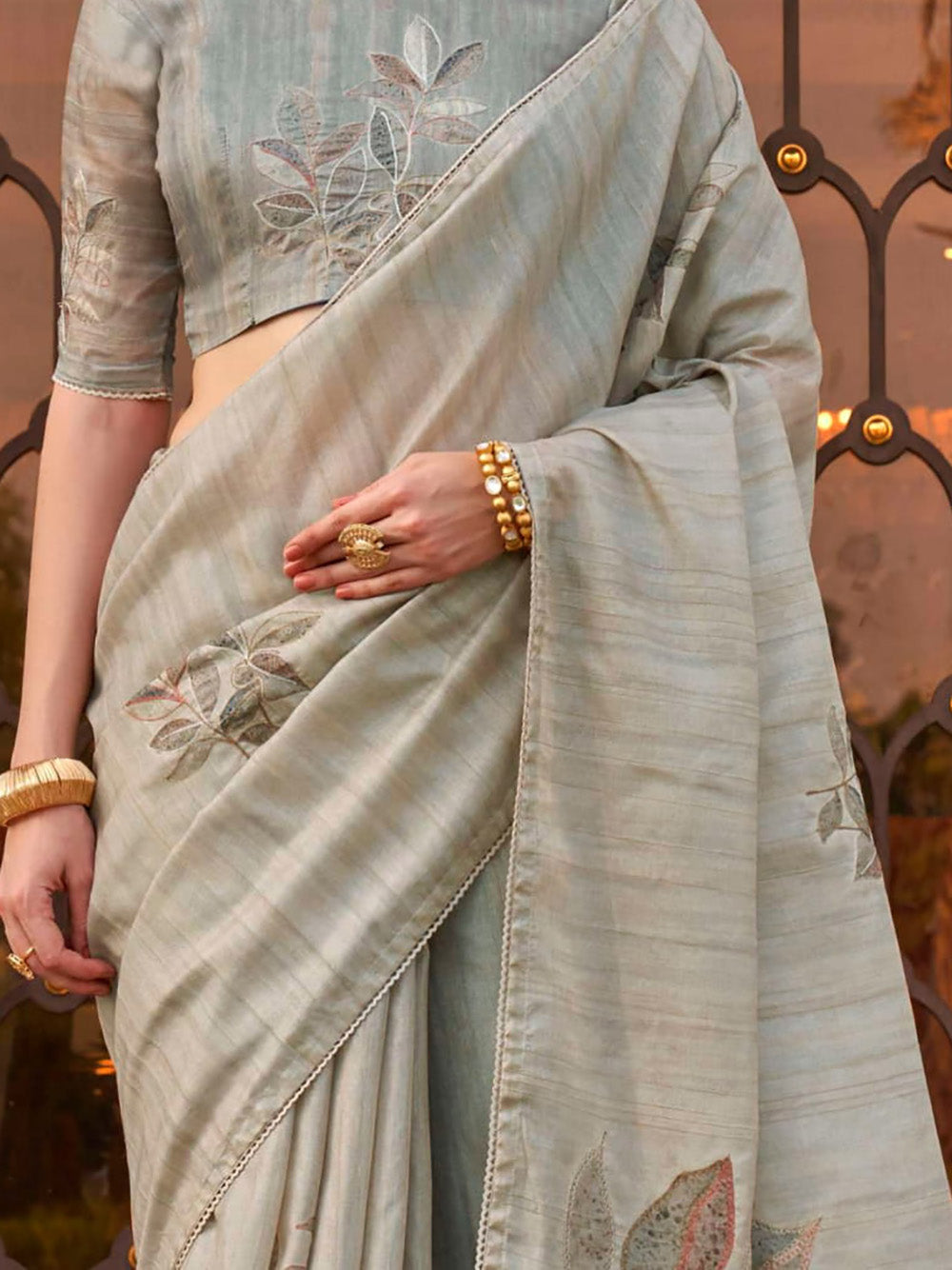 Marvelous Grey Printed Silk Event Wear Saree With Blouse