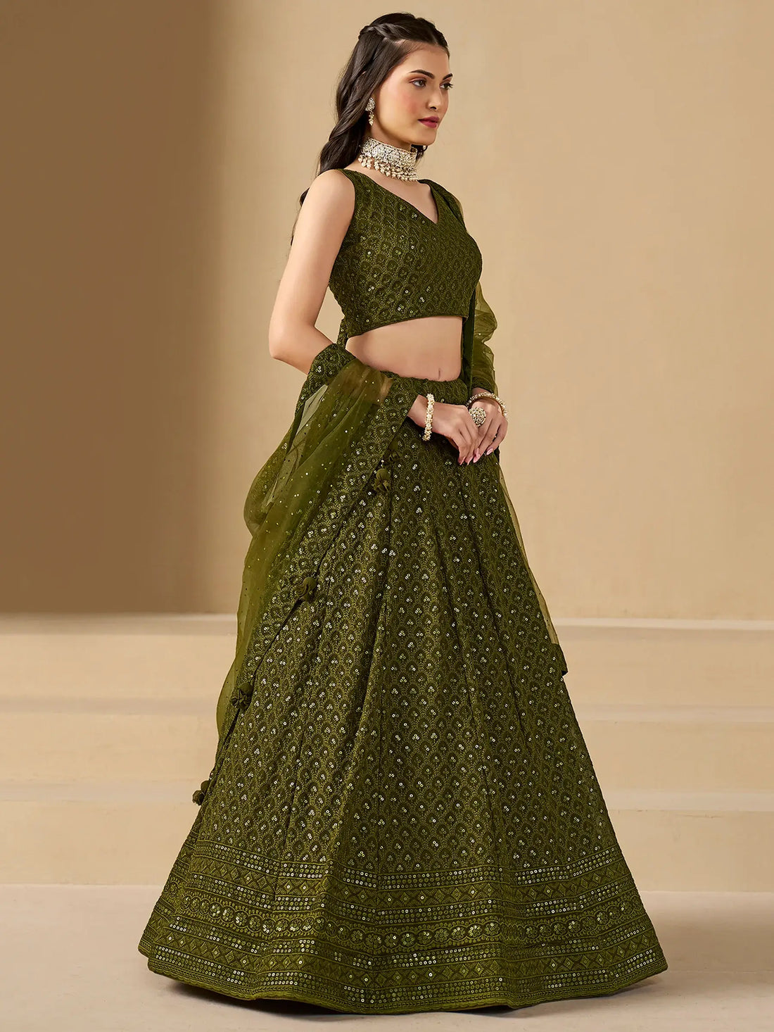 Excellent Olive Green Thread Work Georgette Wedding Lehenga Choli - Zeel Clothing