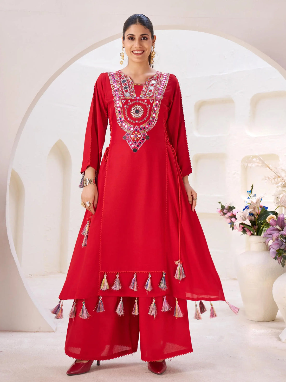 Excellent Red Thread Embroidered Rayon Traditional Co-Ord Set - Zeel Clothing