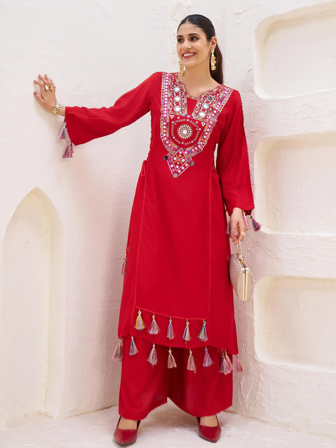 Excellent Red Thread Embroidered Rayon Traditional Co-Ord Set - Zeel Clothing