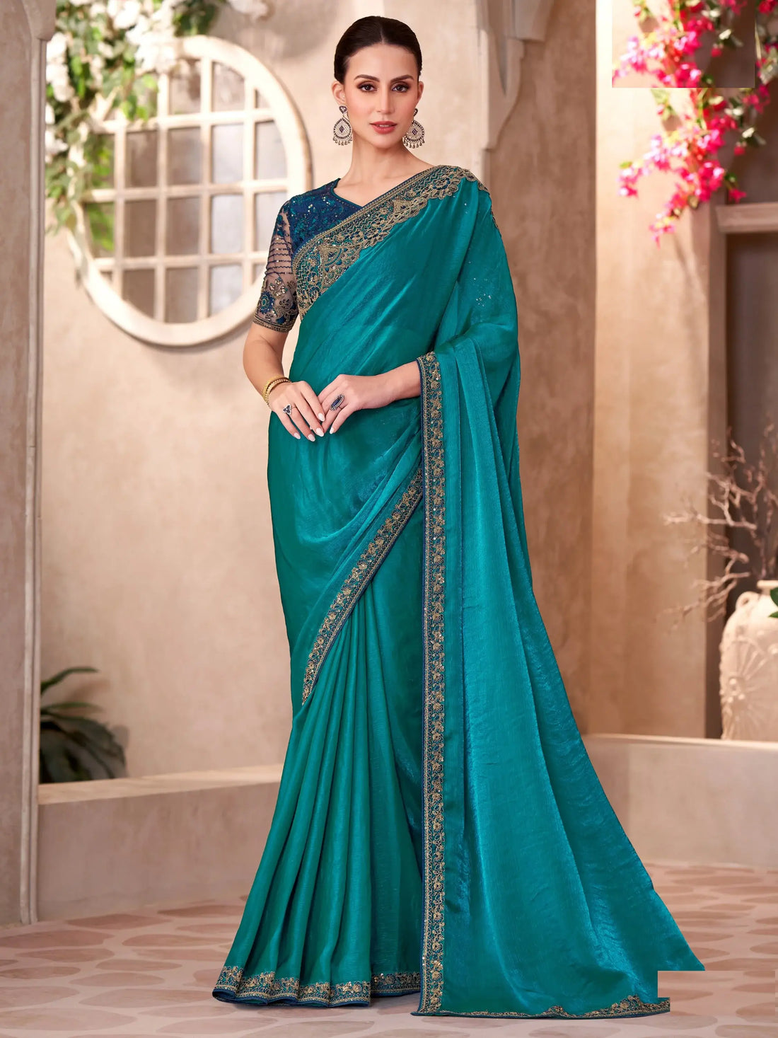 Excellent Teal Blue Embroidery Border Work Georgette Saree With Blouse - Zeel Clothing
