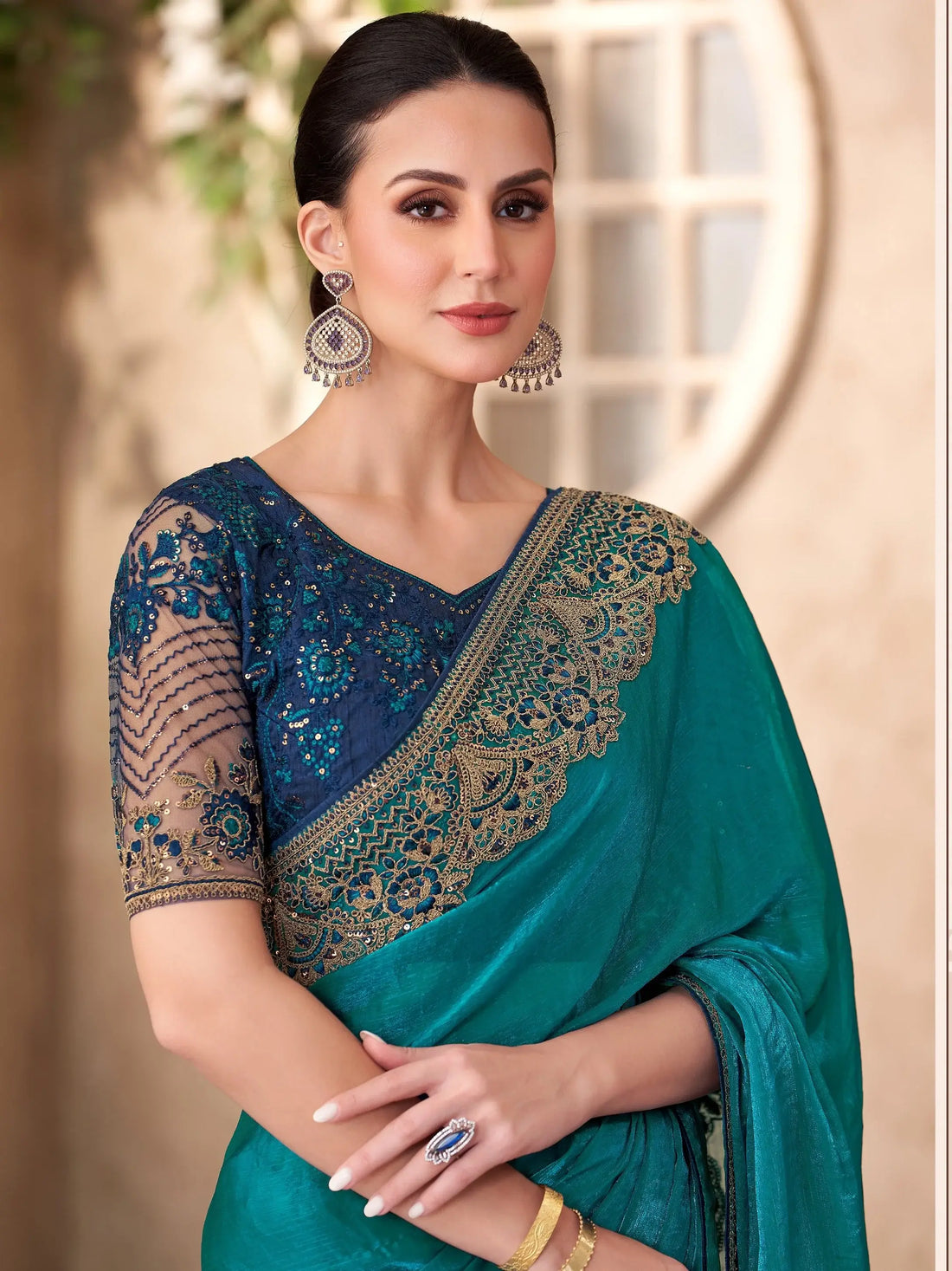 Excellent Teal Blue Embroidery Border Work Georgette Saree With Blouse - Zeel Clothing