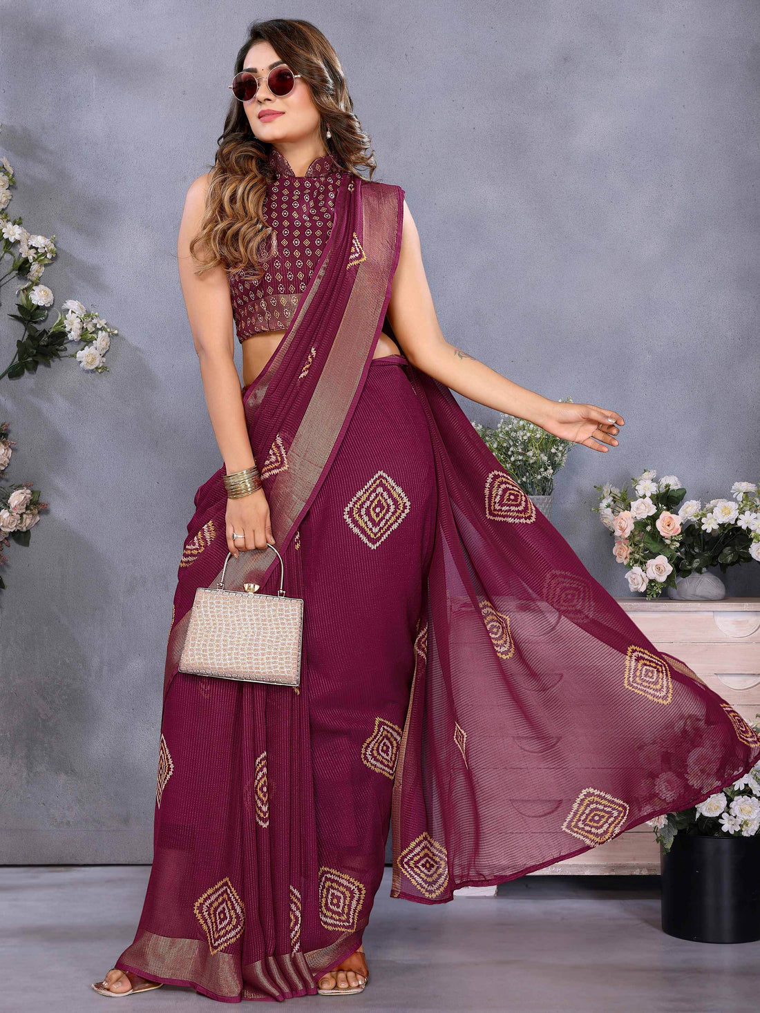 Excellent Wine Shibori Printed Chiffon Event Wear Saree With Blouse - Zeel Clothing