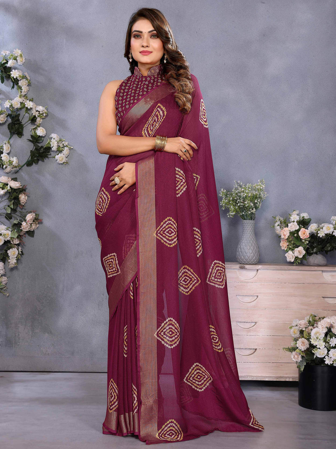 Excellent Wine Shibori Printed Chiffon Event Wear Saree With Blouse - Zeel Clothing
