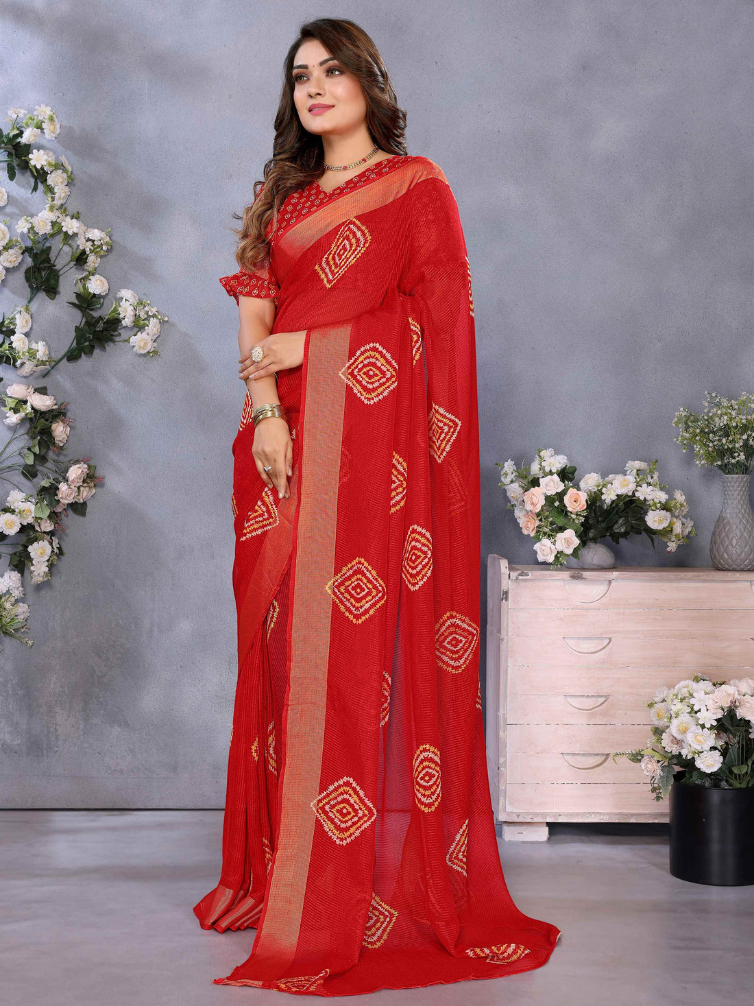 Exceptional Red Shibori Print Chiffon Wedding Wear Saree With Blouse - Zeel Clothing
