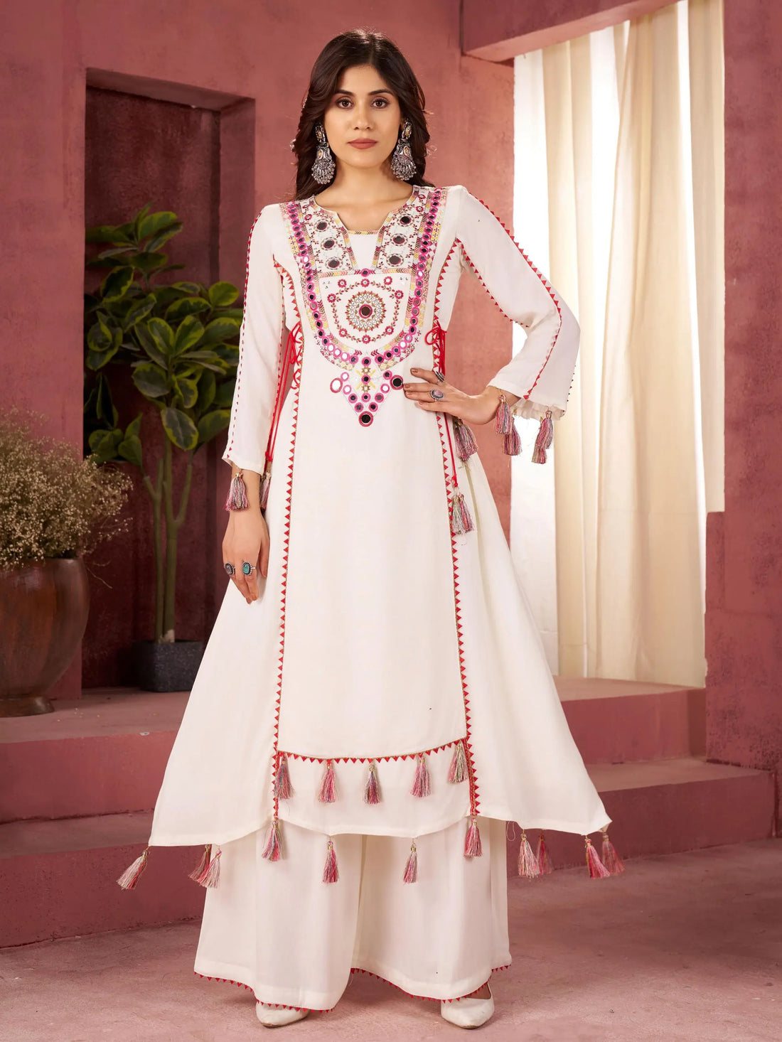 Exceptional White Thread Embroidered Rayon Event Wear Co-Ord Set - Zeel Clothing