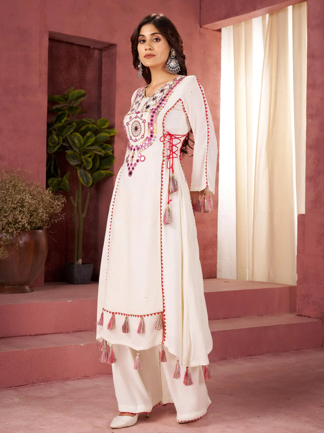 Exceptional White Thread Embroidered Rayon Event Wear Co-Ord Set - Zeel Clothing
