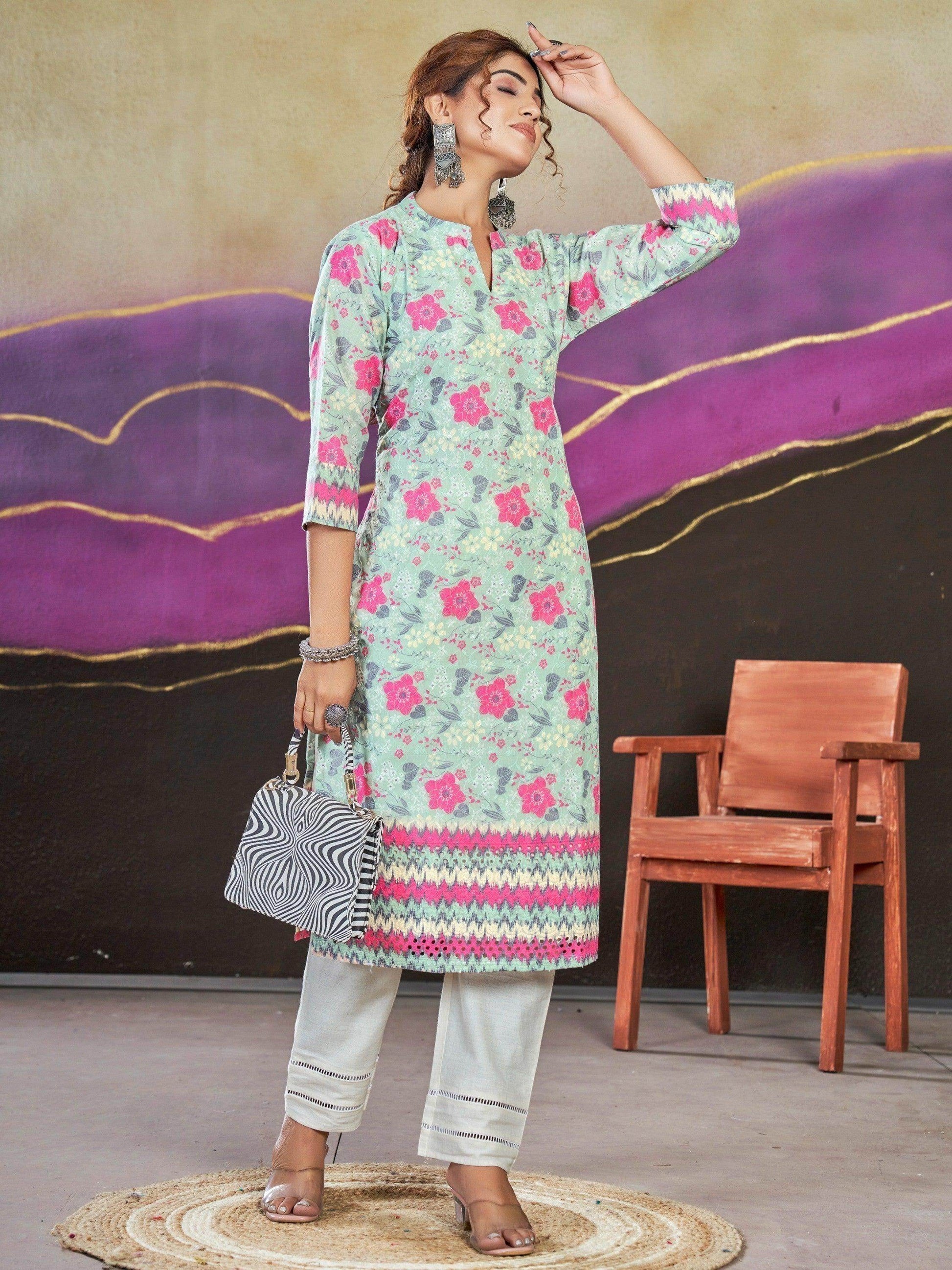 Exquisite Sky-Blue Floral Printed Cotton Events Wear Kurti - Zeel Clothing