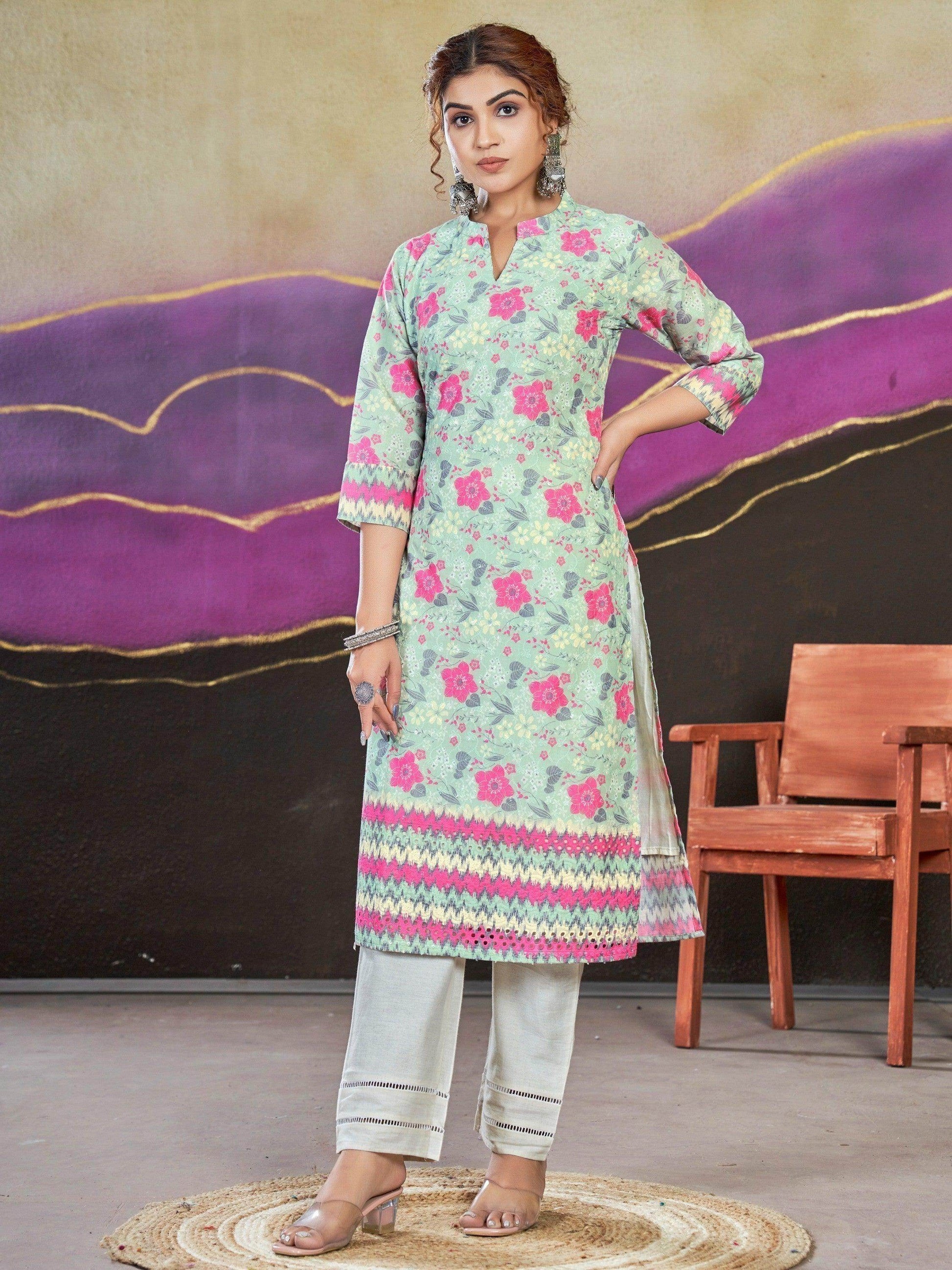 Exquisite Sky-Blue Floral Printed Cotton Events Wear Kurti - Zeel Clothing