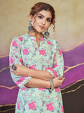 Exquisite Sky-Blue Floral Printed Cotton Events Wear Kurti - Zeel Clothing