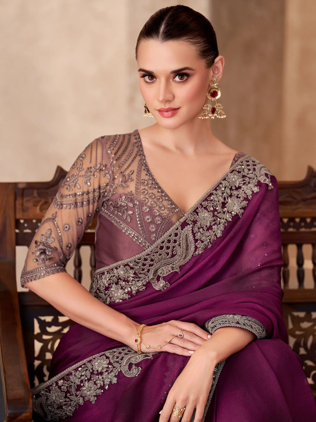 Exquisite Wine Border Work Chiffon Function Wear Saree With Blouse - Zeel Clothing