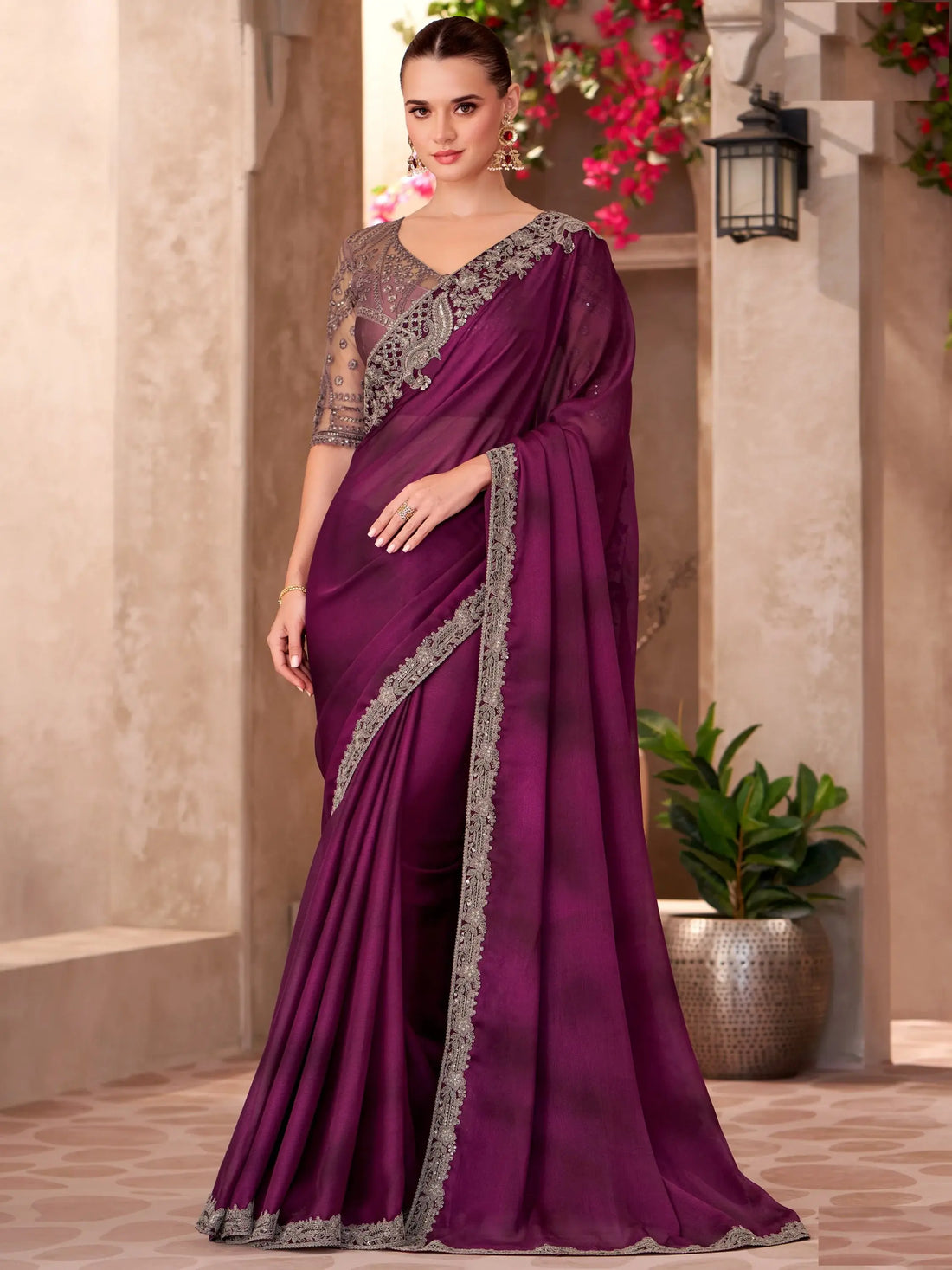 Exquisite Wine Border Work Chiffon Function Wear Saree With Blouse - Zeel Clothing