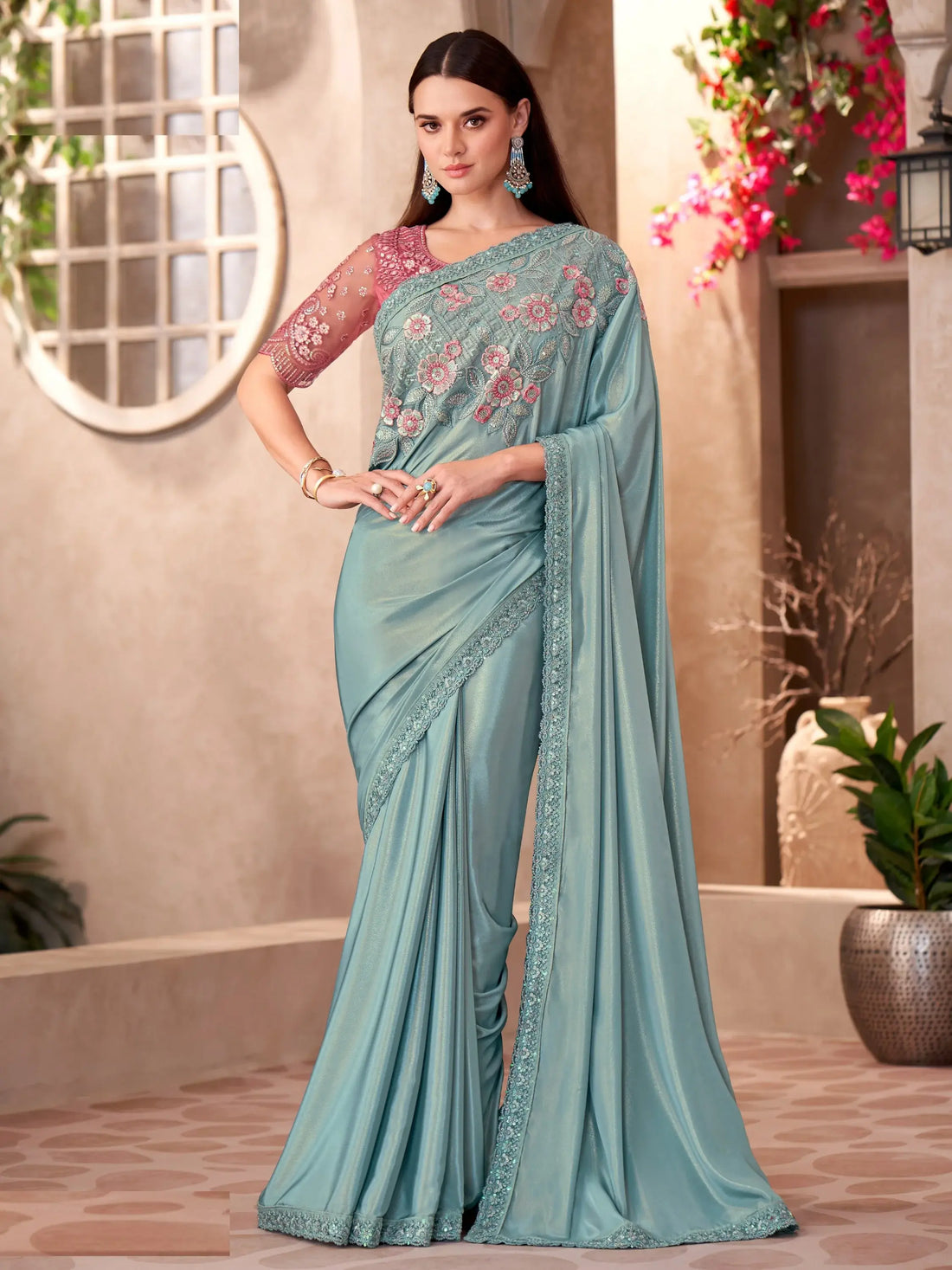 Eye-Catching Sky Blue Border Work Crepe Evening Wear Saree With Blouse - Zeel Clothing