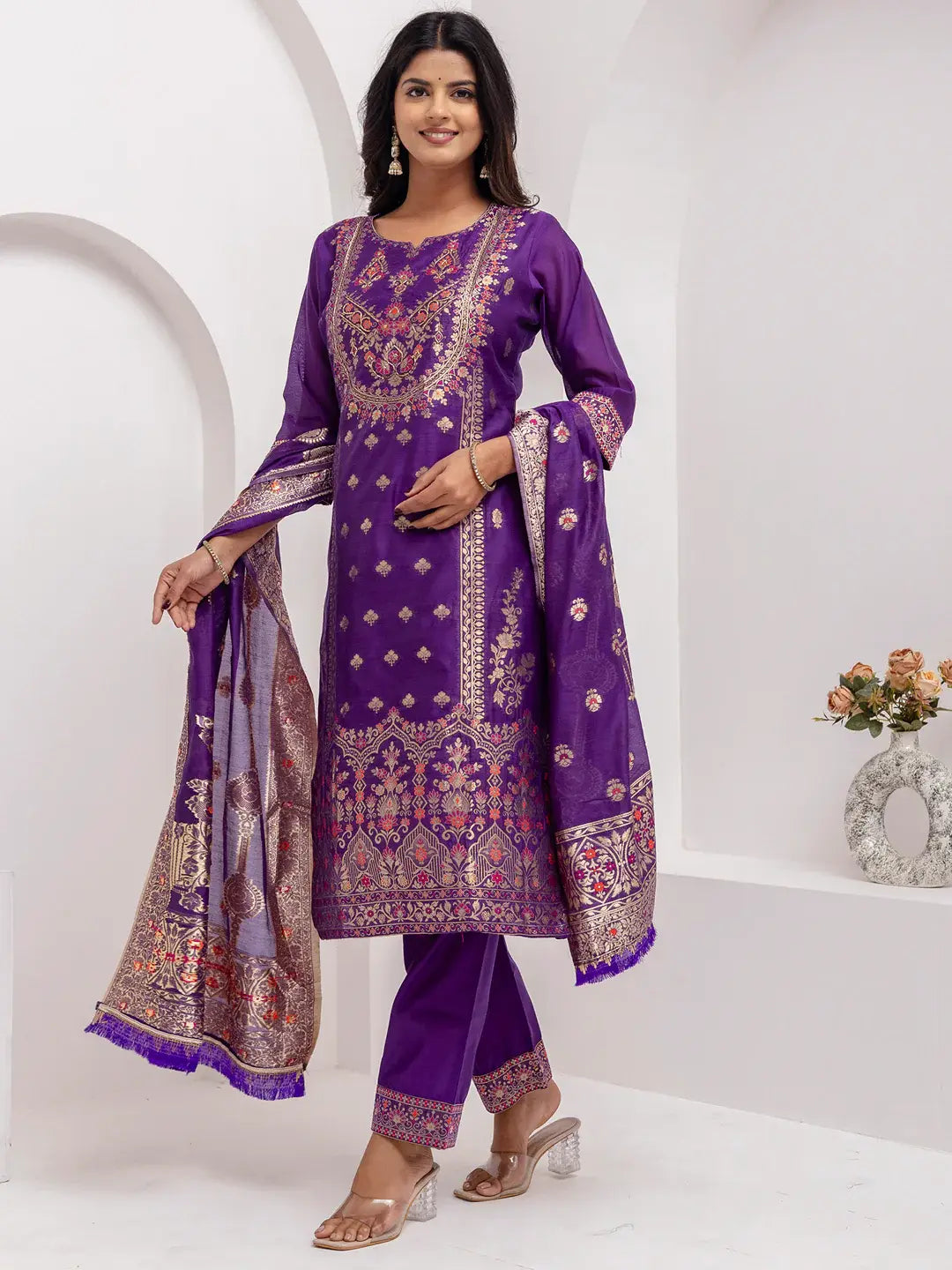 Fabulous Lavender Hand Work Jacquard Silk Pant Suit With Dupatta - Zeel Clothing