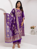 Fabulous Lavender Hand Work Jacquard Silk Pant Suit With Dupatta - Zeel Clothing