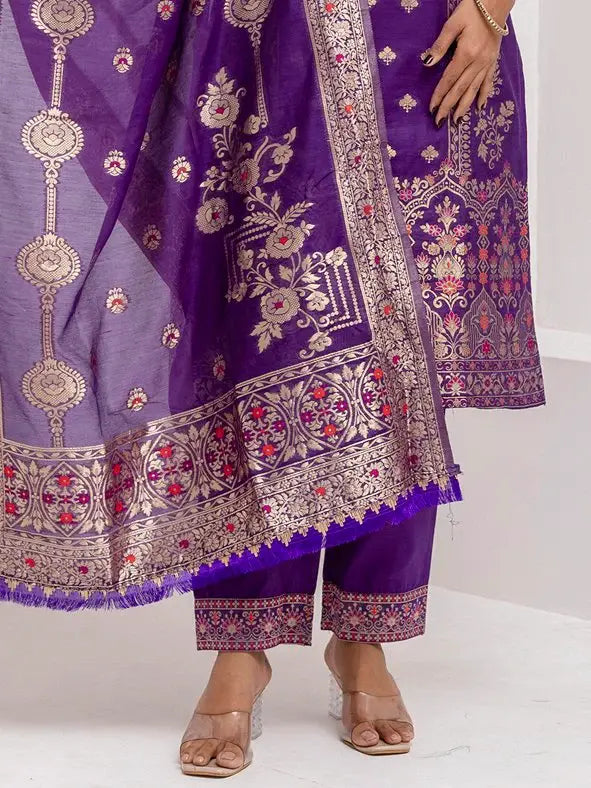 Fabulous Lavender Hand Work Jacquard Silk Pant Suit With Dupatta - Zeel Clothing