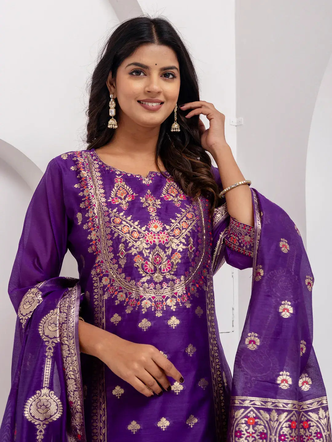Fabulous Lavender Hand Work Jacquard Silk Pant Suit With Dupatta - Zeel Clothing