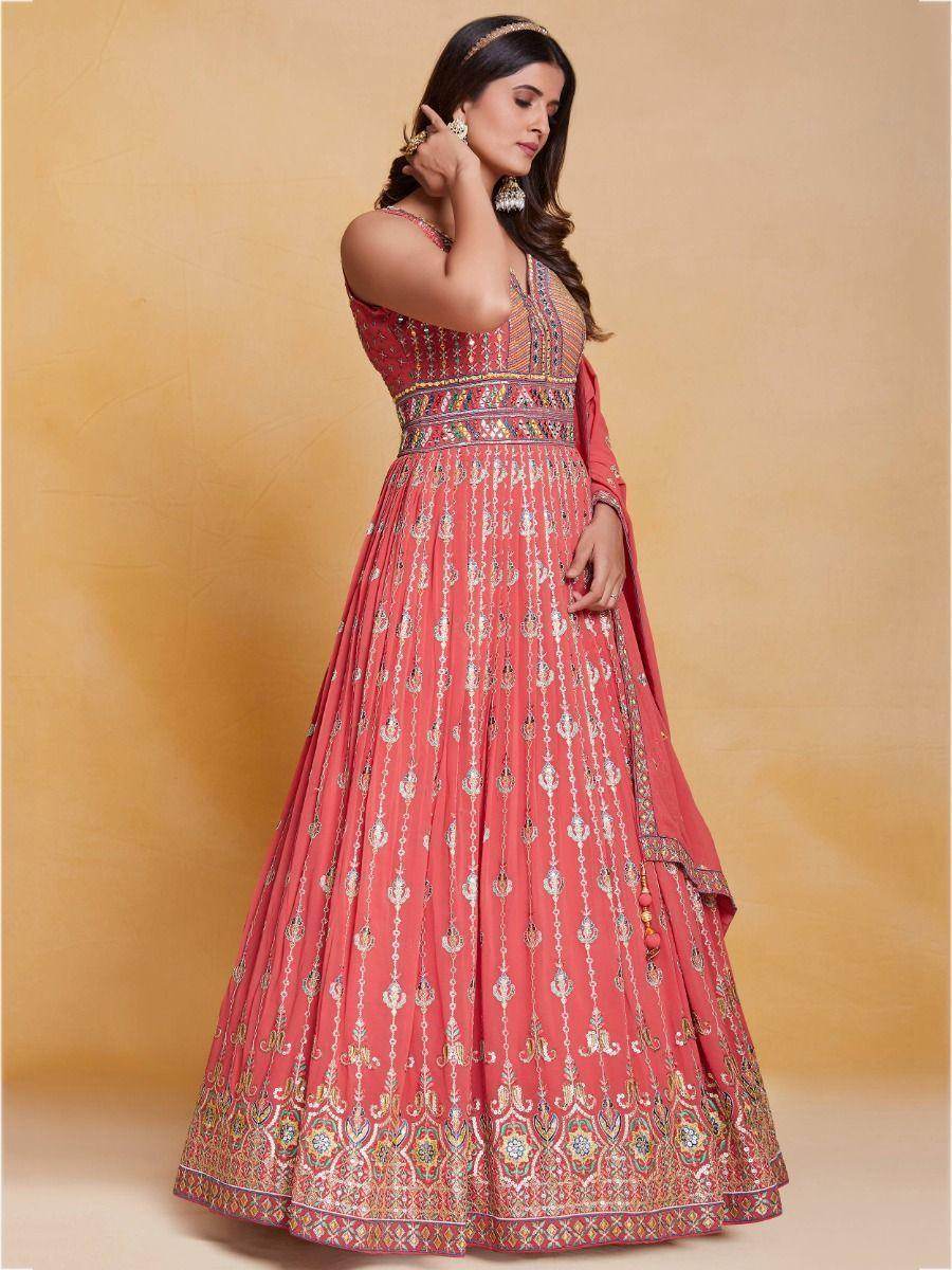 Fabulous Peach Thread Work Georgette Festival Wear Gown With Dupatta - Zeel Clothing