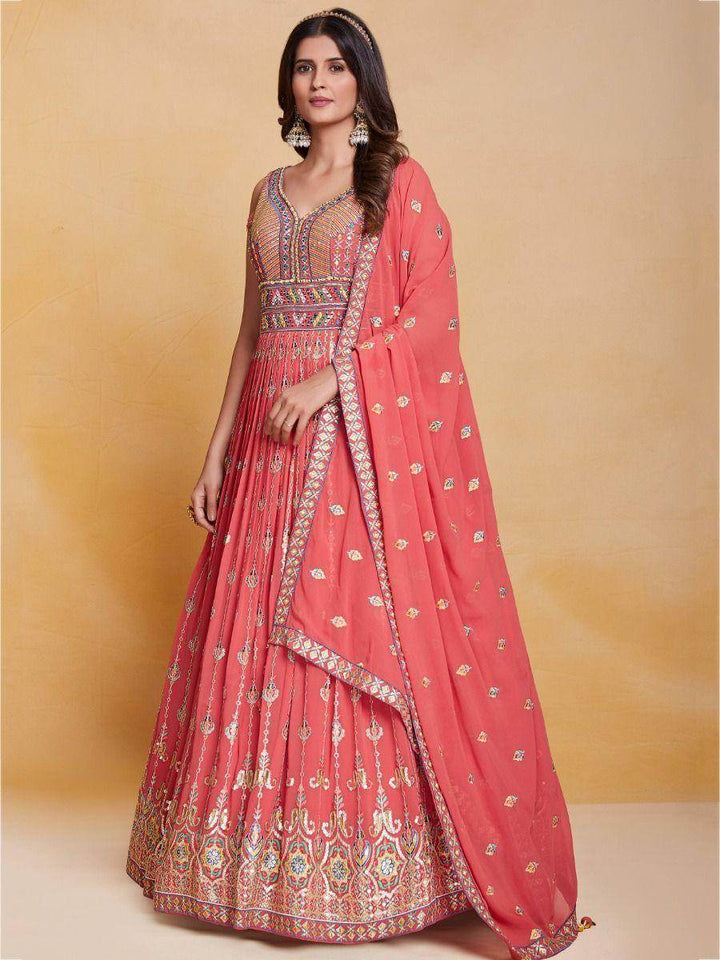 Fabulous Peach Thread Work Georgette Festival Wear Gown With Dupatta - Zeel Clothing