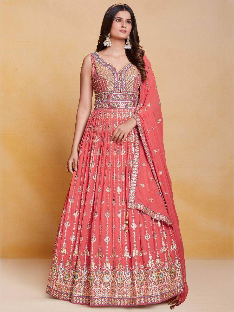 Fabulous Peach Thread Work Georgette Festival Wear Gown With Dupatta - Zeel Clothing