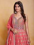 Fabulous Peach Thread Work Georgette Festival Wear Gown With Dupatta - Zeel Clothing
