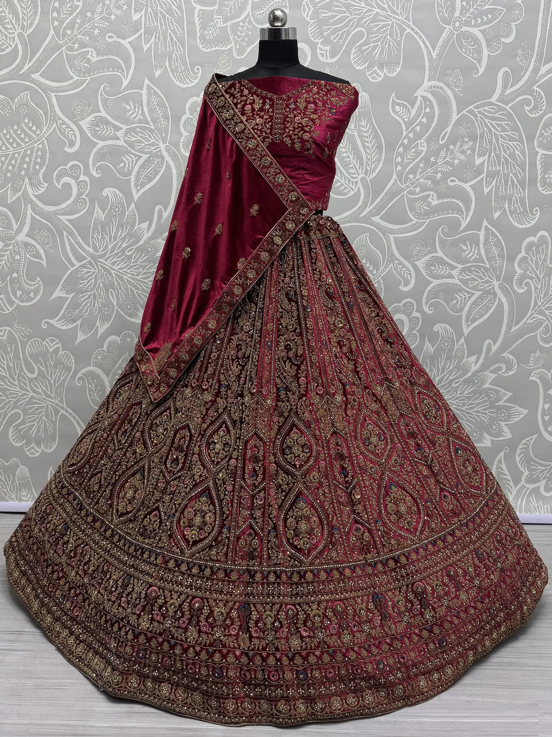 Fabulous Pink Velvet Bridal Lehenga Choli With Double Dupatta - Zeel Clothing