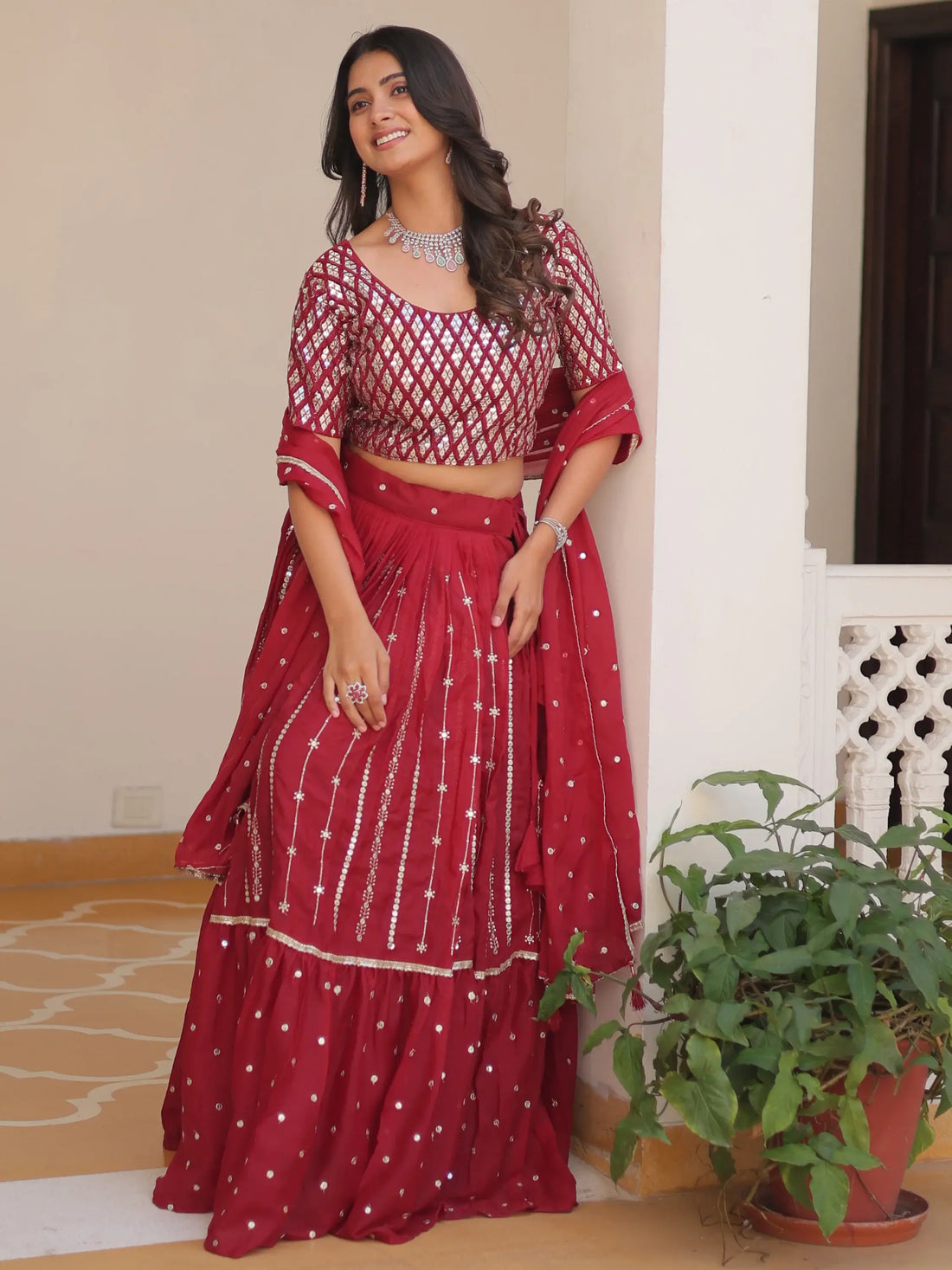 Fabulous Red Sequins Georgette Festive Wear Lehenga Choli With Dupatta - Zeel Clothing