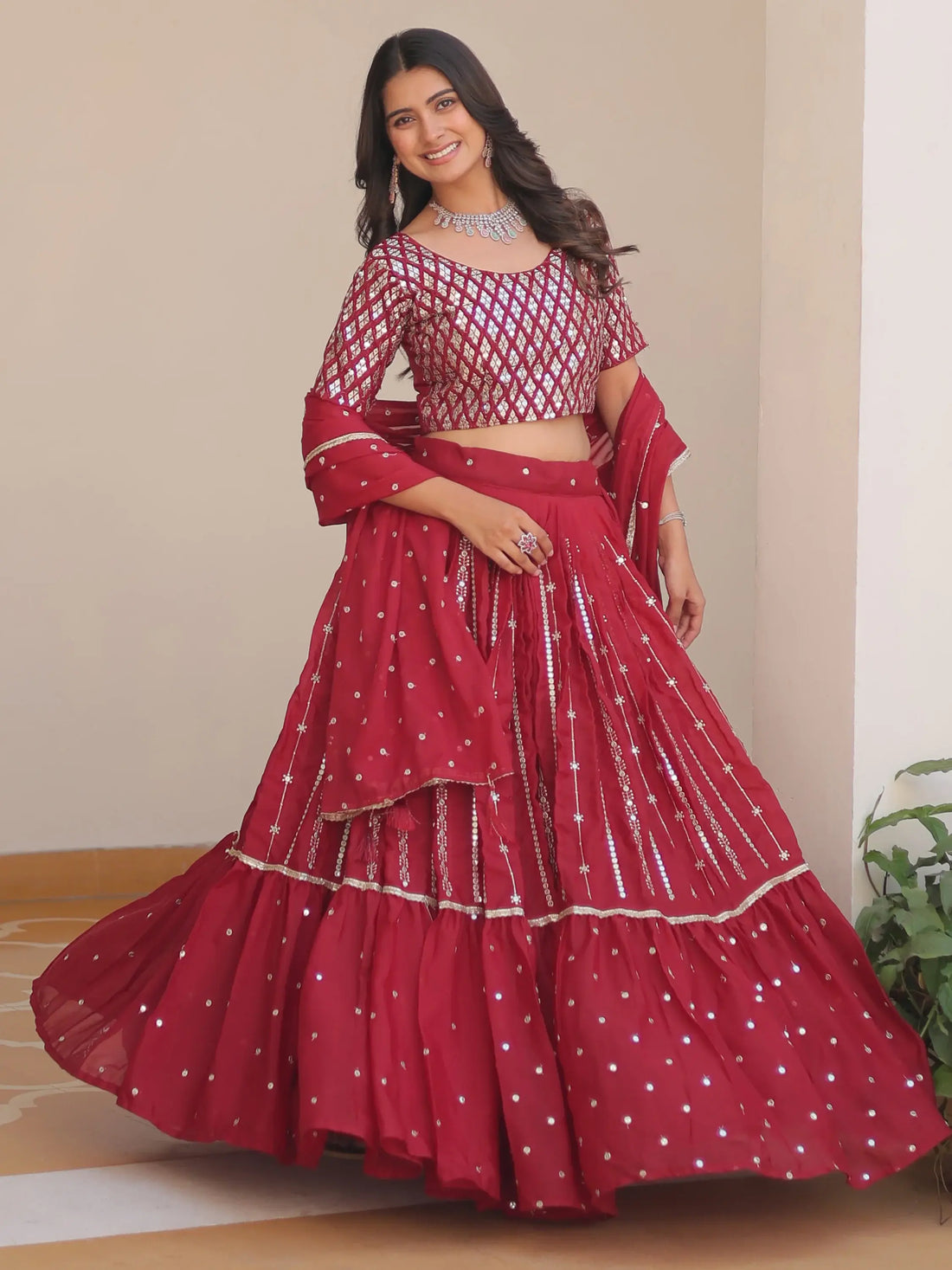 Fabulous Red Sequins Georgette Festive Wear Lehenga Choli With Dupatta - Zeel Clothing