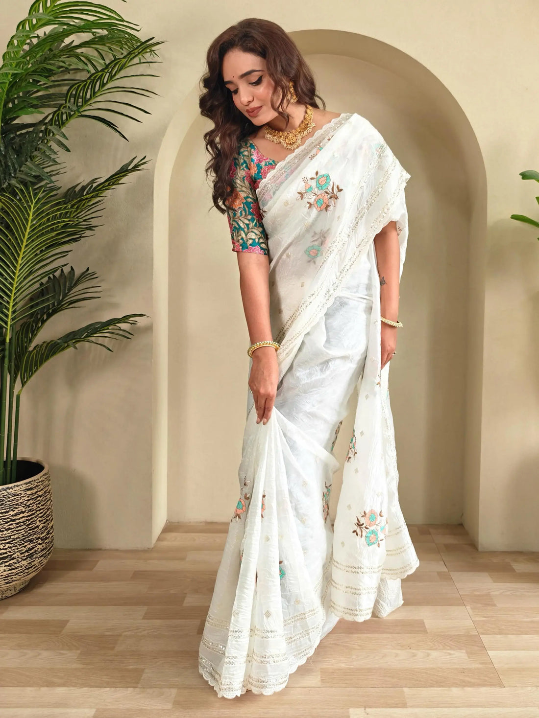 Fabulous White Sequins Organza Wedding Wear Saree With Blouse - Zeel Clothing