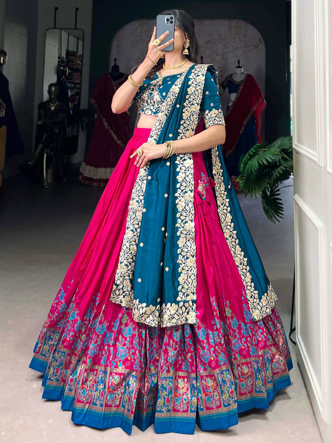 Fabulously Pink Floral Printed Tussar Silk Wedding Lehenga Choli - Zeel Clothing