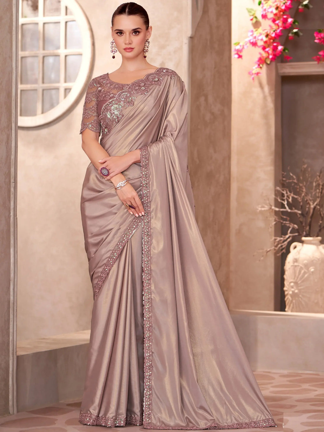 Fantabulous Brown Border Work Crepe Party Wear Saree With Blouse - Zeel Clothing