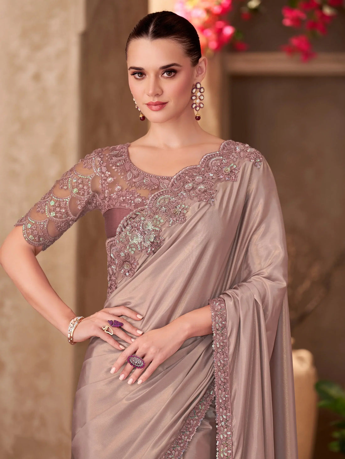 Fantabulous Brown Border Work Crepe Party Wear Saree With Blouse - Zeel Clothing