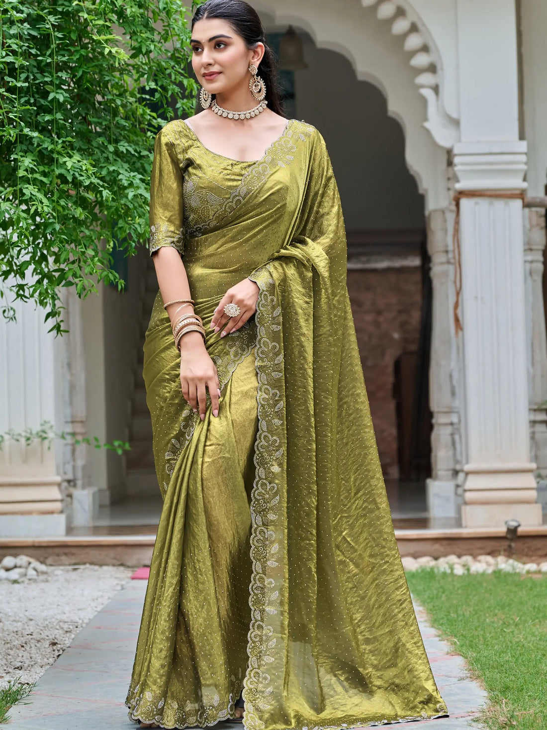 Fantastic Olive Green Diamond Work Silk Mehendi Wear Saree With Blouse - Zeel Clothing