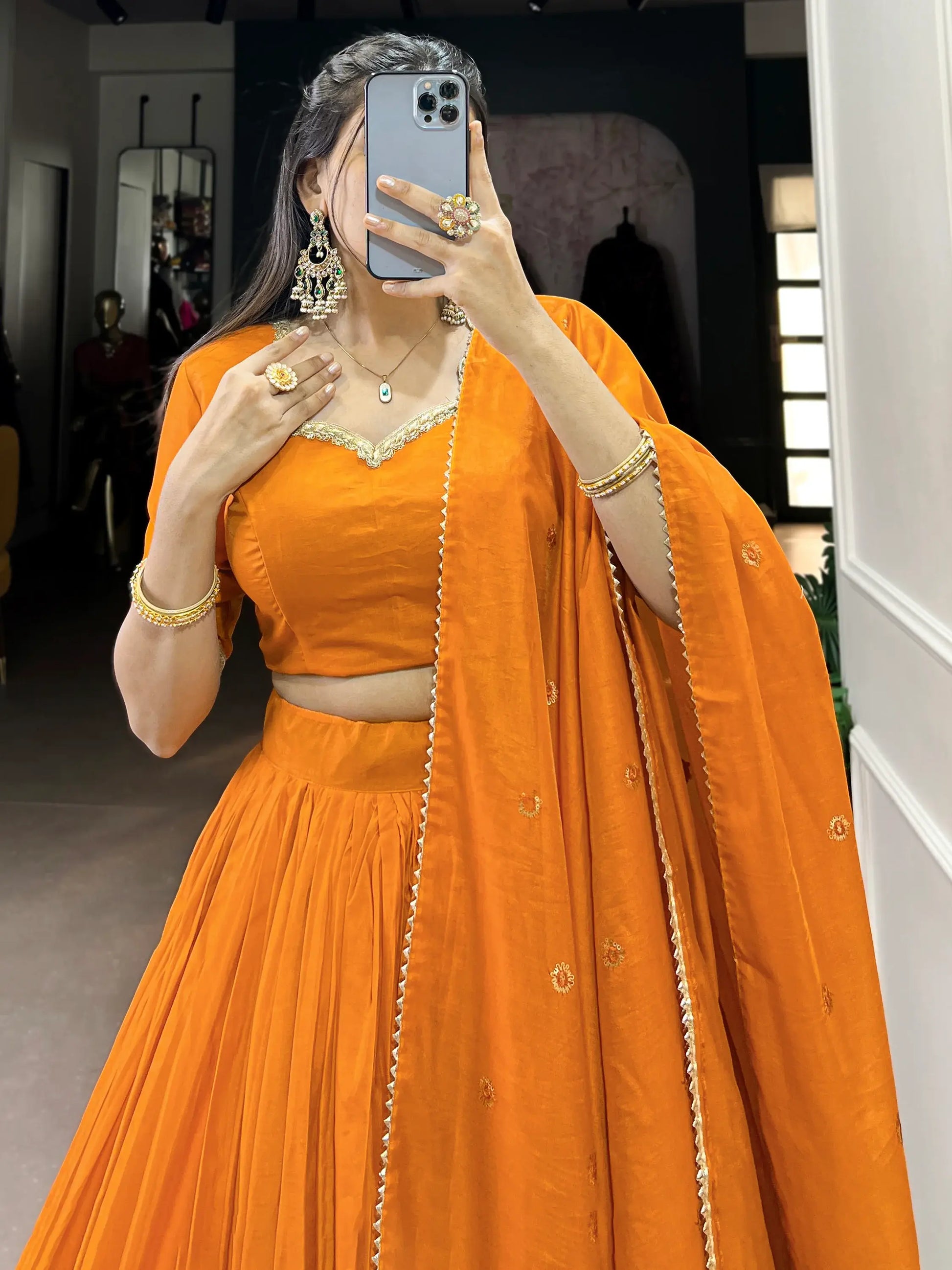 Fantastic Orange Chanderi Festival Wear Lehenga Choli With Dupatta - Zeel Clothing