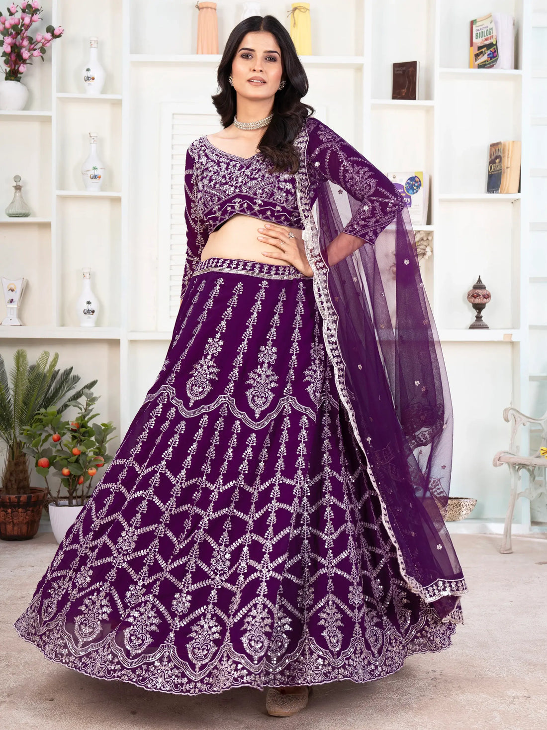 Fantastic Purple Sequins Georgette Wedding Lehenga Choli With Dupatta - Zeel Clothing