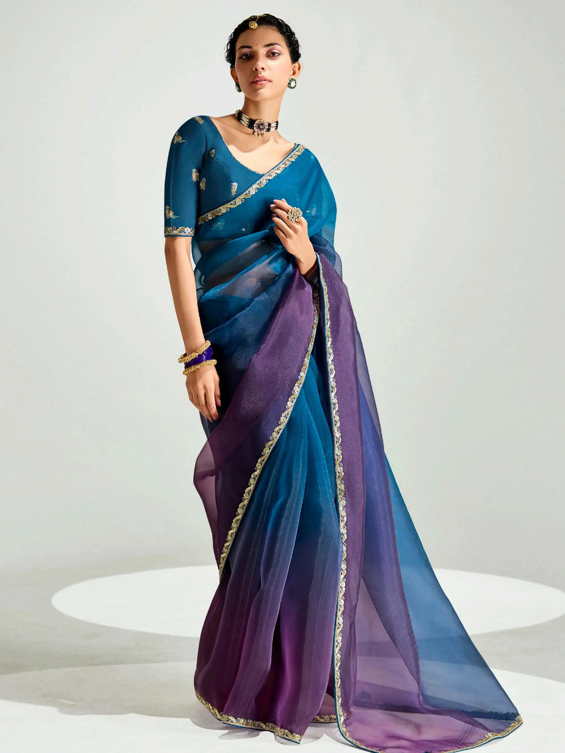 Fantastic Teal Blue Embroidery Border Work Organza Function Wear Saree - Zeel Clothing