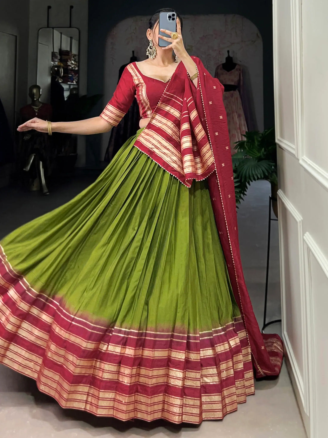 Fascinating Green Zari Weaving Chanderi Lehenga Choli With Dupatta - Zeel Clothing