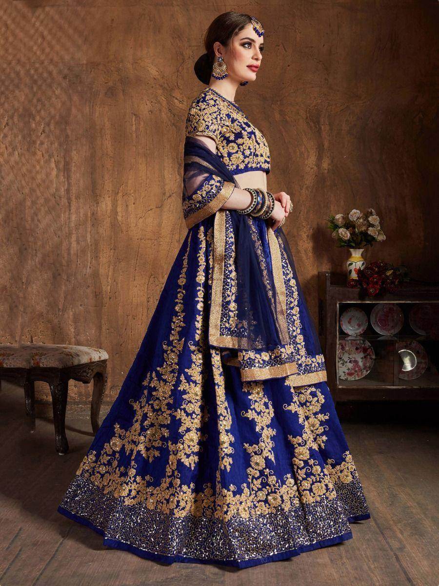Fascinating Navy Blue Embroidered Raw Silk Lehenga Choli - Zeel Clothing