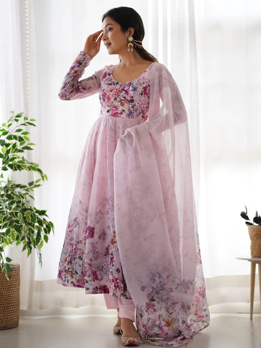 Fascinating Pink Floral Printed Organza Anarkali Suit With Dupatta - Zeel Clothing