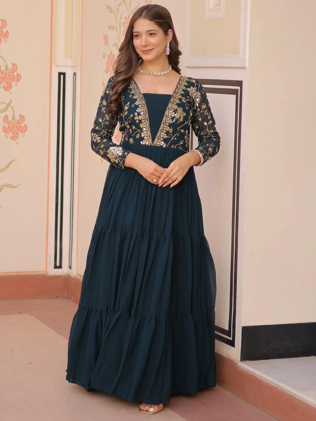 Feminine Teal Blue Sequins Embroidery Georgette Engagement Wear Gown - Zeel Clothing