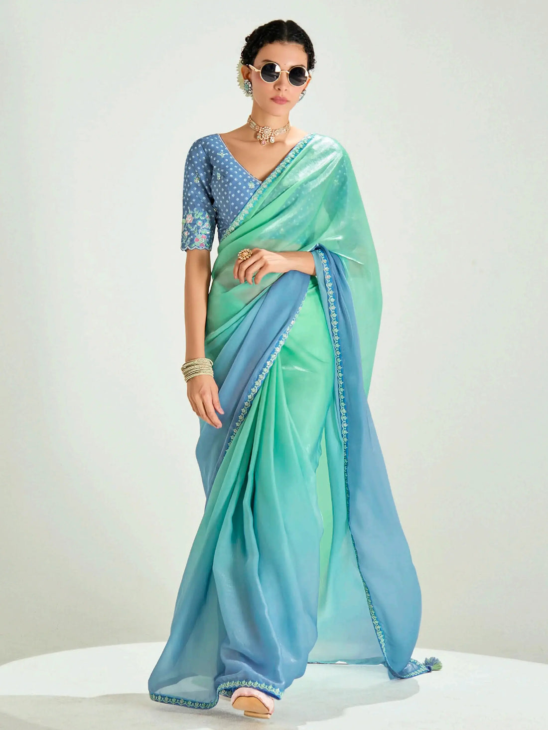 Floaty Sea Green Border Work Organza Festive Wear Saree With Blouse - Zeel Clothing