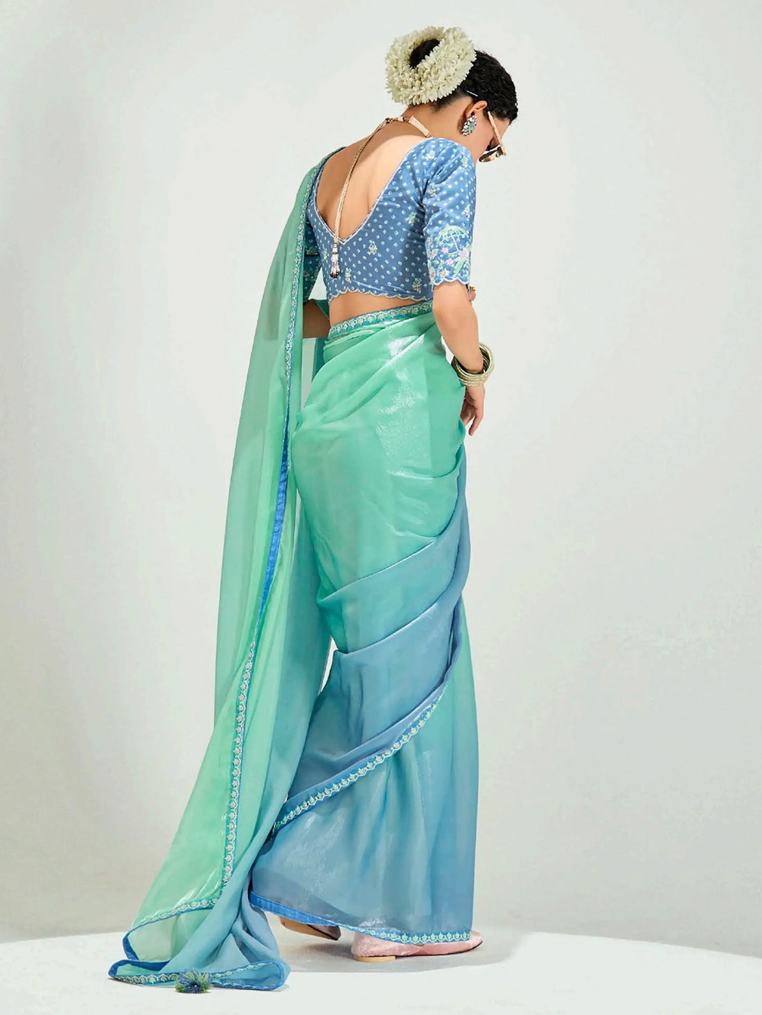 Floaty Sea Green Border Work Organza Festive Wear Saree With Blouse - Zeel Clothing