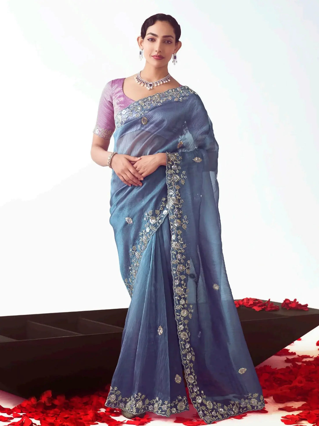 Glamorous Dove Blue Sequins Work Organza Party Wear Saree With Blouse - Zeel Clothing