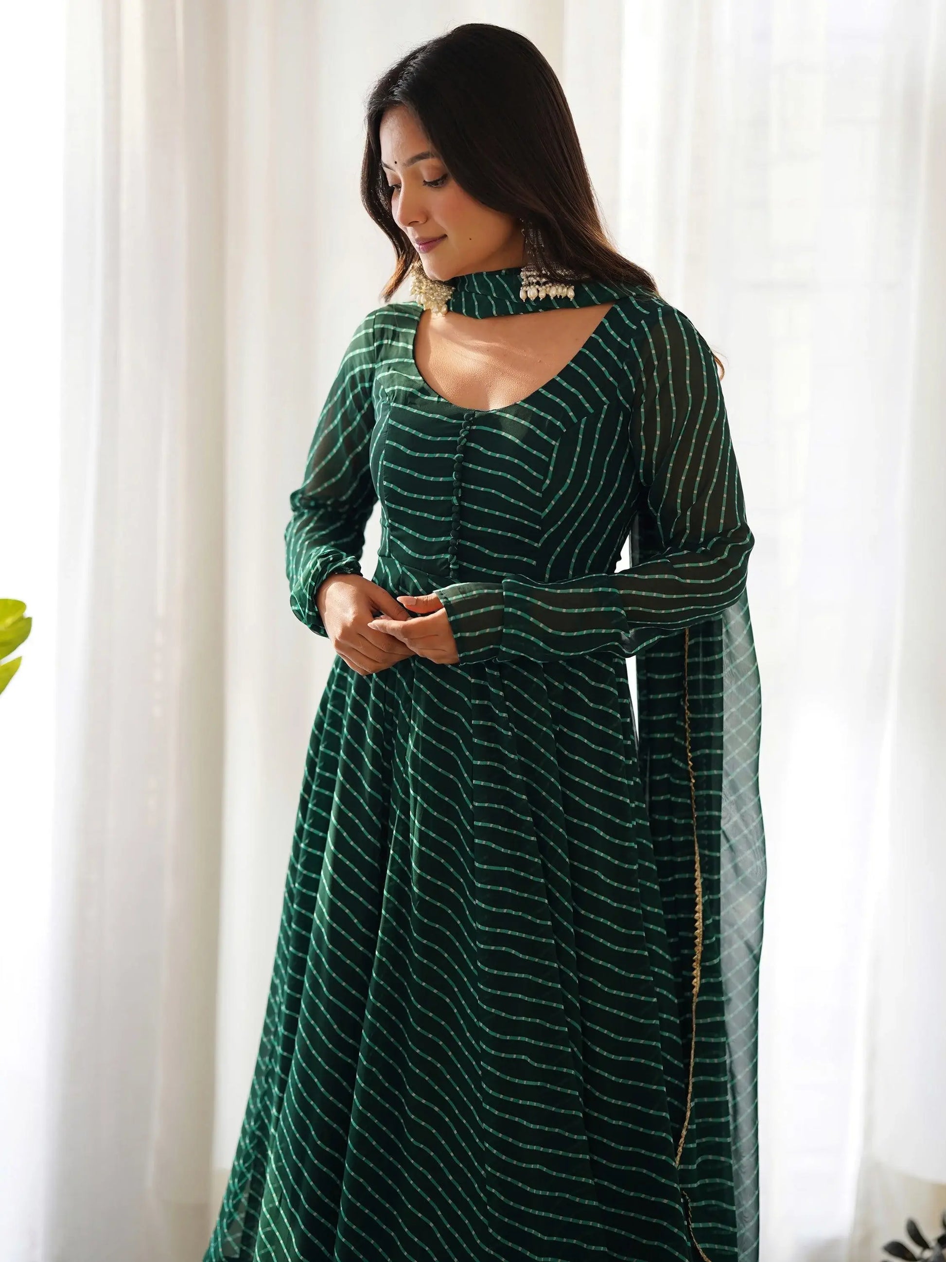 Glamorous Green Laheriya Printed Georgette Traditional Anarkali Suit - Zeel Clothing