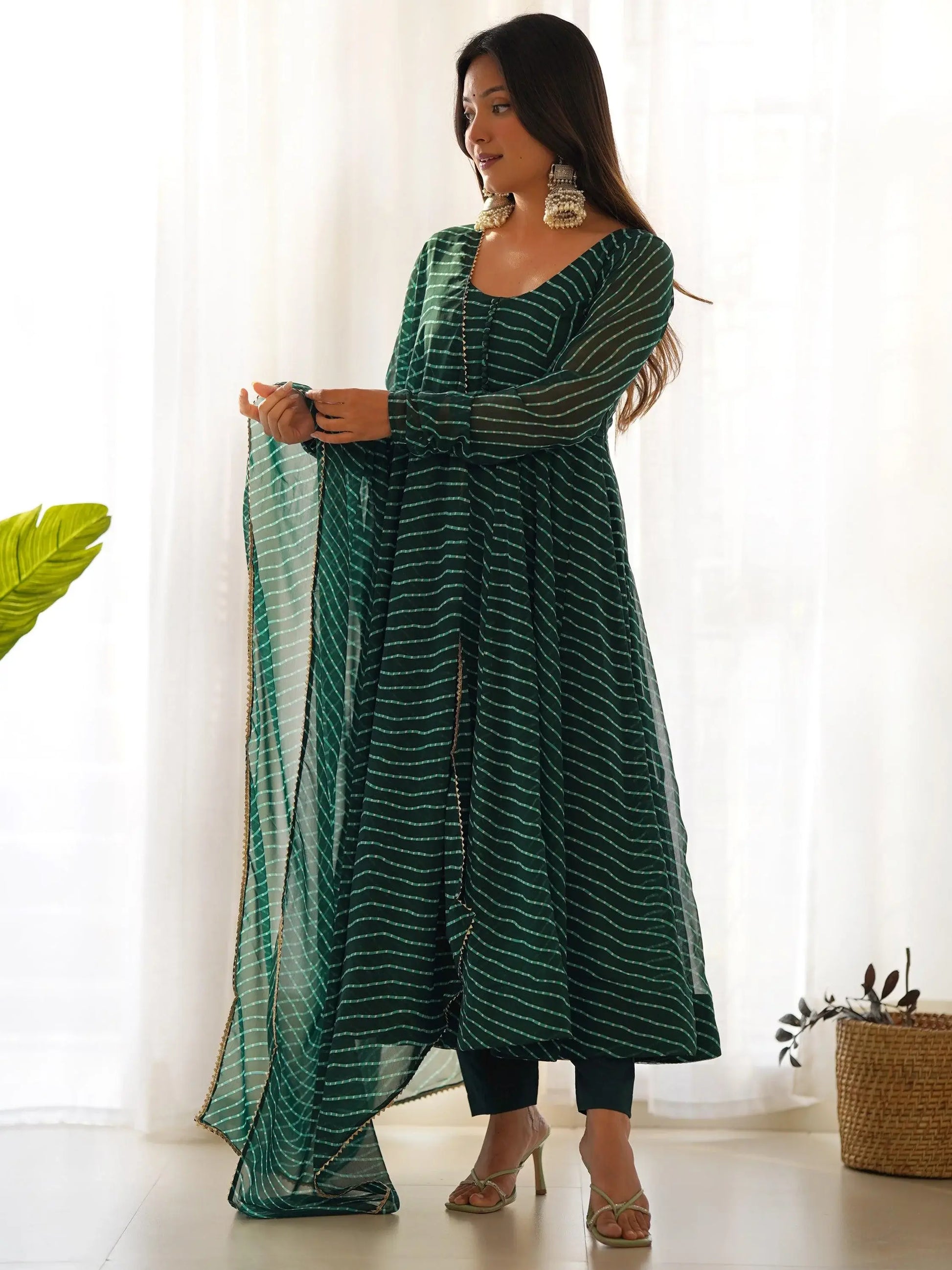Glamorous Green Laheriya Printed Georgette Traditional Anarkali Suit - Zeel Clothing