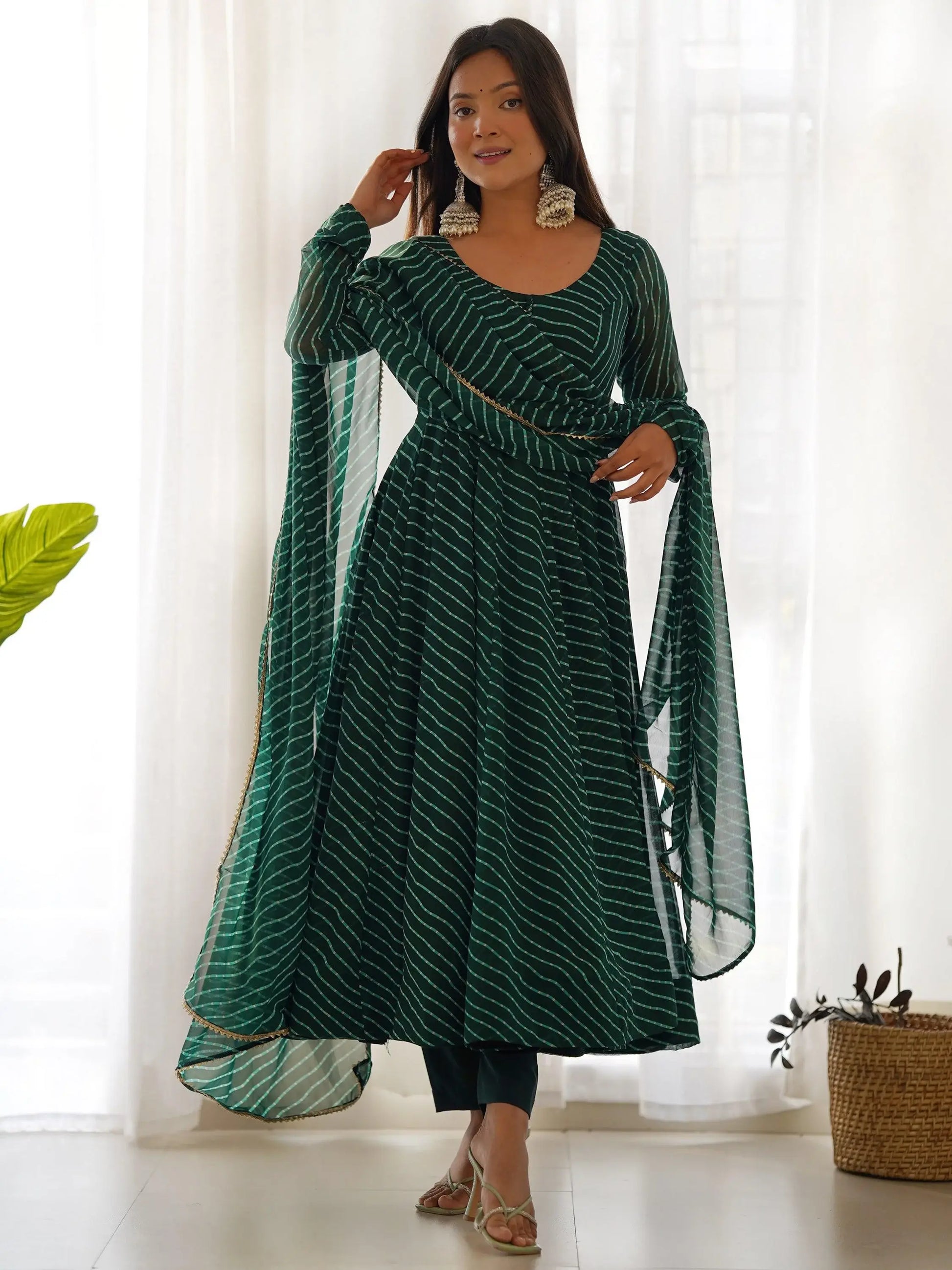 Glamorous Green Laheriya Printed Georgette Traditional Anarkali Suit - Zeel Clothing