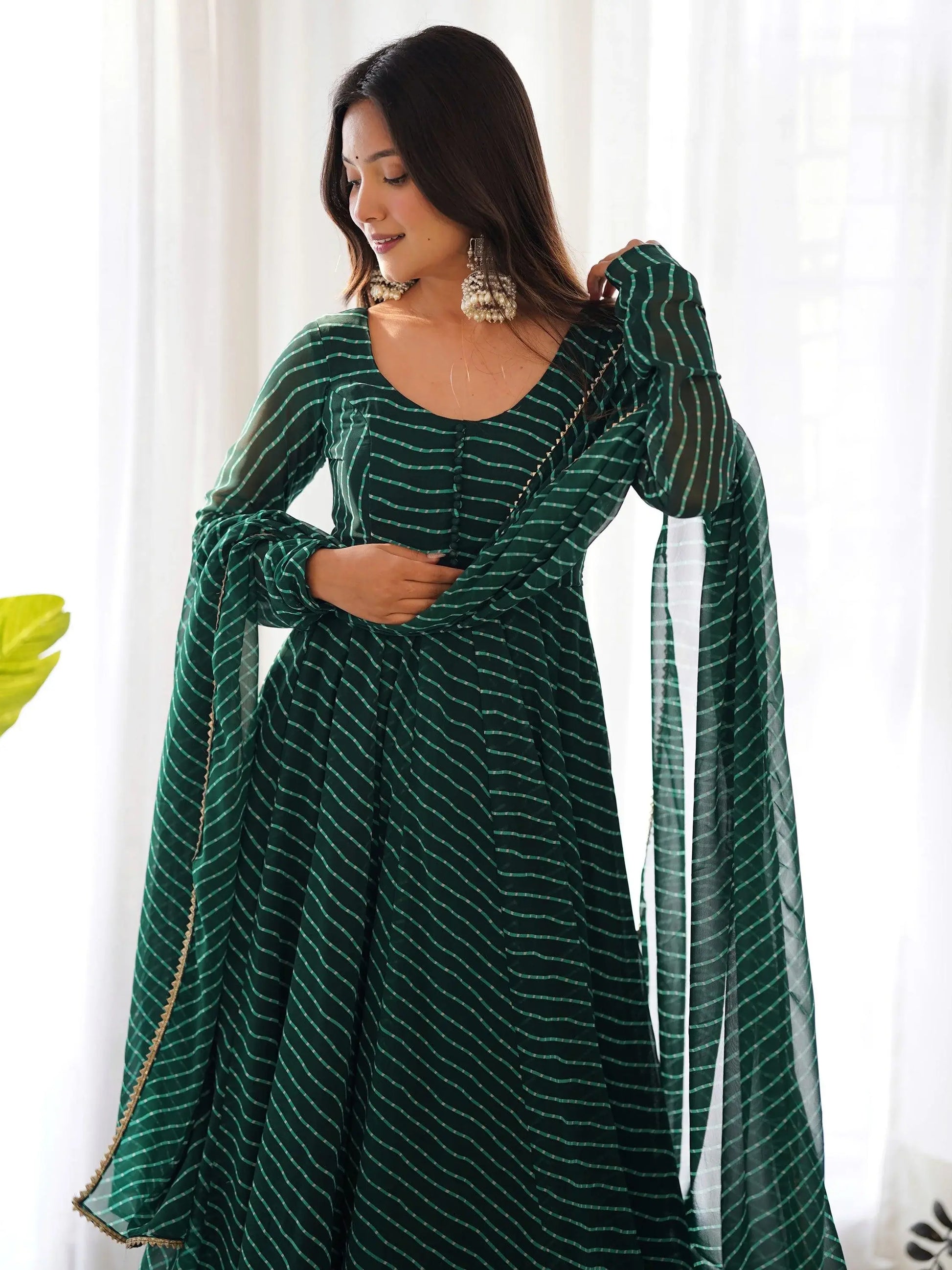 Glamorous Green Laheriya Printed Georgette Traditional Anarkali Suit - Zeel Clothing
