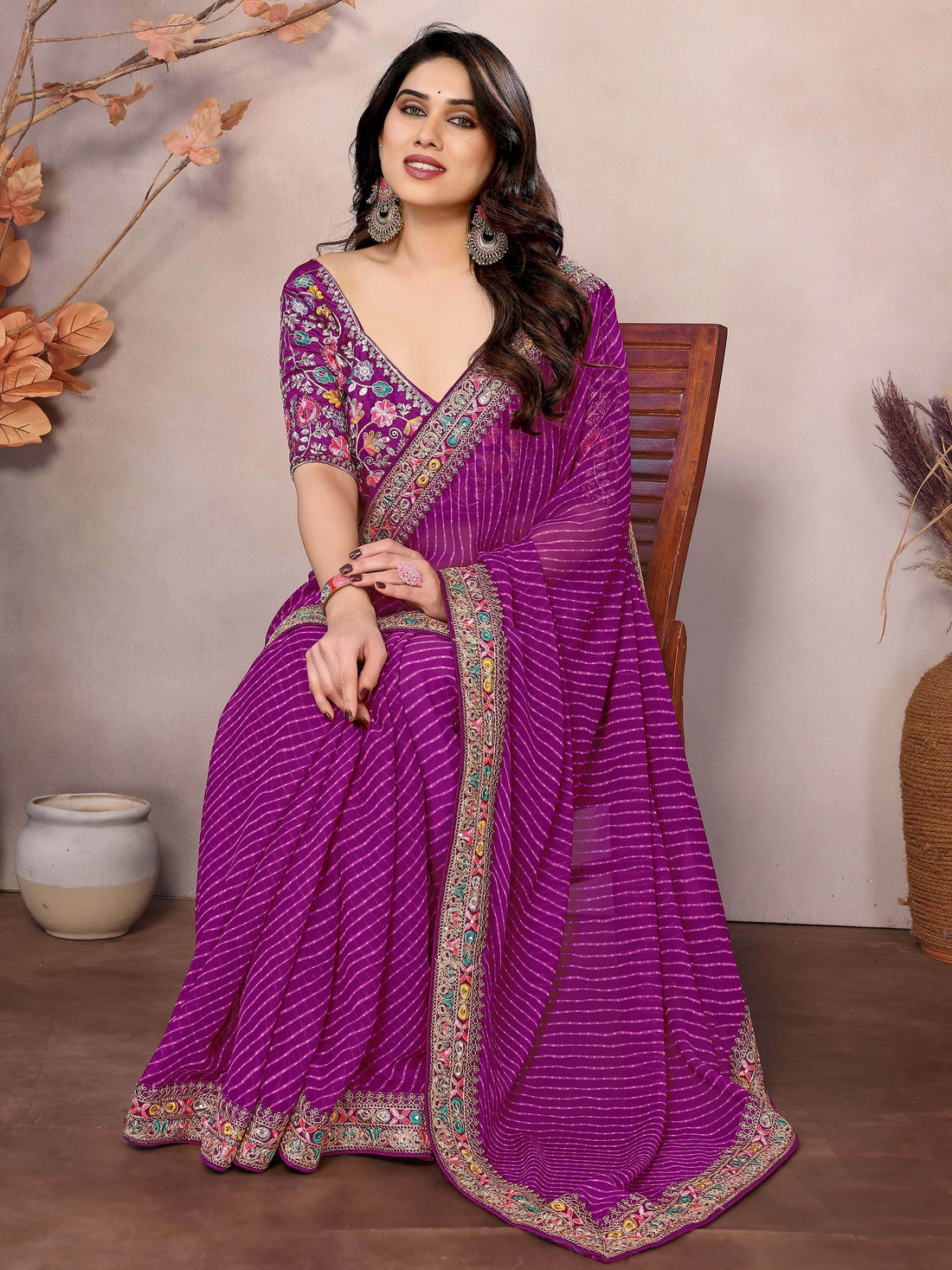 Glamorous Purple Leheriya Print Georgette Event Wear Saree With Blouse - Zeel Clothing