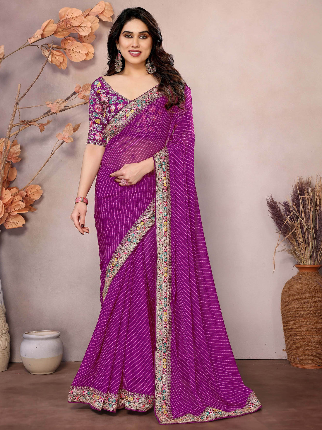 Glamorous Purple Leheriya Print Georgette Event Wear Saree With Blouse - Zeel Clothing